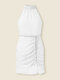 Solid Drawstring Chiffon Halter Sleeveless Keyhole Back Dress - White
