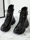 Women's Pure Black Elegant Casual Front Lace Up School Short Calf  Boots - Black 1#