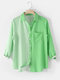 Contrast Color Stripe Pocket Long Sleeve Lapel Button Shirt - Green