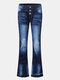 Vintage Low Waist Button Pocket Casual Denim Flared Jeans For Women - Dark Blue