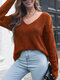 Pointelle Knit Leaves Solid V-neck Long Sleeve Loose Sweater - Brown