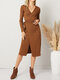 しっかりとした快適な結び目のある長袖ボディコンニットセータードレス - 褐色