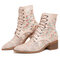 Plus Size Women Elegant Flowers Embroideried Cloth Strappy Chunky Heel Boots - Beige