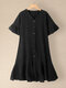 Solid Color Pleated Puff Sleeve Button V-neck Casual Dress - Black