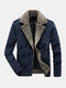 Mens Vintage Corduroy Solid Color Thicken Fleece Lapel Casual Warm Jacket - Blue