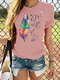 Feather Dragonfly Print Short Sleeve Casual T-shirt For Women - Pink