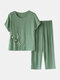 Women Flowers Print Loungewear Short Sleeve Floral Loose Breathable O-Neck Summer Pajamas - Green