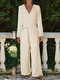 Solid Color V-neck Knotted Long Sleeve Cotton Jumpsuits - Beige