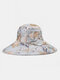Women Dacron Overlay Calico Print Button Decoration Big Brim Breathable Sunshade Foldable Bucket Hat - Gray