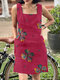 Women Floral Print Square Collar Cotton Sleeveless Dress - Dark Pink