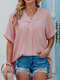 Повседневная блузка в полоску с коротким рукавом и V-образным вырезом с высоким и низким подолом - Розовый