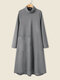 Women Solid Pocket Turtleneck Long Sleeve Casual Dress - Gray