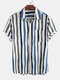Men Linen Lightweight Breathable Color Striped Short Sleeve Shirt - Blue