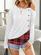Women Plaid Patchwork Off shoulder Long Sleeve Casual T-Shirt - White