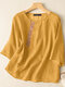Women Chinese Style Embroidered Cotton 3/4 Sleeve Blouse - Yellow