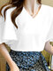 Einfarbige Bluse mit V-Ausschnitt und Rüschenärmeln für Damen - Weiß