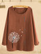 Flower Printed Long Sleeve O-neck Button Blouse For Women - Brown
