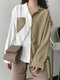 Fashion Patchwork Long Sleeve Lapel Plus Size Shirt With Pocket - Khaki