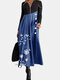 Calico Printed Long Sleeve V-neck Patchwork Dress For Women - Blue