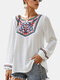 Casual Embroidered Bishop Long Sleeve Overhead Blouse - White
