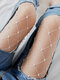 Women Spandex White Pearl Decoration Large Mesh Breathable All-match Pantyhose - White