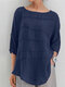 Solid 3/4 Sleeve Crew Neck Blouse For Women - Blue