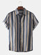 Mens Stripe Printed Turn Down Collar Short Sleeve Loose Shirts - Grey