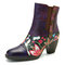 SOCOFY Embossed Genuine Leather Splicing Vivid Flowers pattern High Heel Zipper Boots - Purple