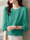 Women Solid Texture Crew Neck Casual 3/4 Sleeve Blouse - Green