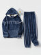 Women Flannel Letter Embroidery Patchwork Thicken Hoodie Warm Home Pajama Set - Navy