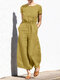 Solid Color Short Sleeve O-neck Cotton Wide Leg Jumpsuit - Yellow