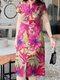 महिलाओं के लिए फ्लोरल प्रिंट स्प्लिट हेम कॉटन शॉर्ट स्लीव ड्रेस - गुलाब का फूल