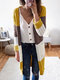 Contrast Color Open Front Long Sleeve Pocket Cardigan - Yellow