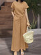Einfarbige Damen-Hose mit Rundhalsausschnitt, kurzen Ärmeln und weitem Bein, Kombiteil - Khaki