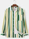 Men Cotton Linen Colorful Stripe Breathable  Long Sleeve Shirt - Khaki
