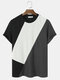 Mens Irregular Color Block Stitching Knitted Casual Short Sleeve T-Shirts - Black