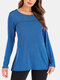 Solid Color Patchwork Long Sleeve O-neck Casual Blouse For Women - Blue