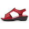 Big Size Women Breathable Hollow Genuine Leather Hook Loop Wedges Sandals - Red