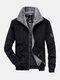 Mens Corduroy Plush Lapel Zip Front Casual Warm Jacket - Black