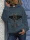 Hoodies casuais listrados com estampa de gato preto manga longa para mulheres - azul