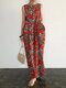 Pocket Floral Print Round Neck Sleeveless Maxi Dress - Red