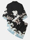 Mens Crane Floral Print Kimono Loose Two Pieces Outfits - Black