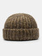 Unisex Mixed Color Knitted Solid Curled Dome All-match Warmth Brimless Beanie Landlord Cap Skull Cap - Yellow Brown