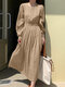 Solid Puff Sleeve Pleated Crew Neck Casual Dress - Khaki