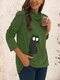 Cartoon Cat Print Button Heap Collar Casual Plus Size Blouse - Green