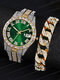 2 Pcs/Set Alloy Diamond Men Business Watch Decorated Pointer Quartz Watch Bracelet - #06