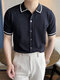 Chemise à manches courtes en tricot à revers et bordure contrastée pour hommes - Noir