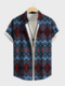 Camisas masculinas étnicas vintage com estampa geométrica lapela manga curta - Vermelho