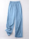 Solid Elastic Waist Pocket Wide Leg Denim Jeans - Light Blue