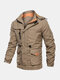 Mens Fleece Warm Multi Pockets Cotton Drawstring Down Lined Zipper Hooded Warm Cargo Jackets - Khaki